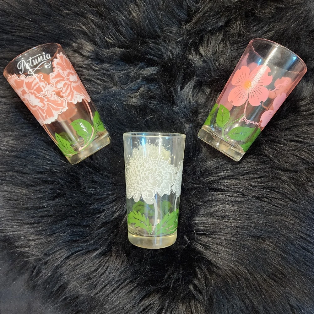 Set of 3 Vintage Floral Drinking Glasses